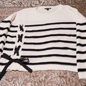 Roz & Ali Black and White Strip Knit Sweater  WITH BLACK RIBBON DETAIL
